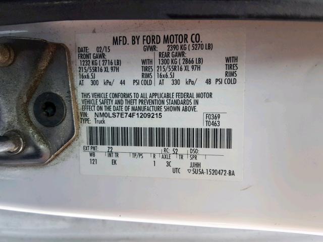 NM0LS7E74F1209215 - 2015 FORD TRANSIT CONNECT XL  photo 10
