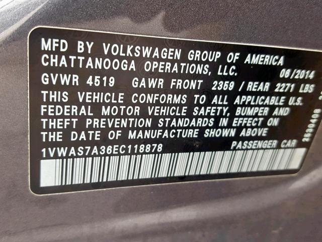 1VWAS7A36EC118878 - 2014 VOLKSWAGEN PASSAT S SILVER photo 10