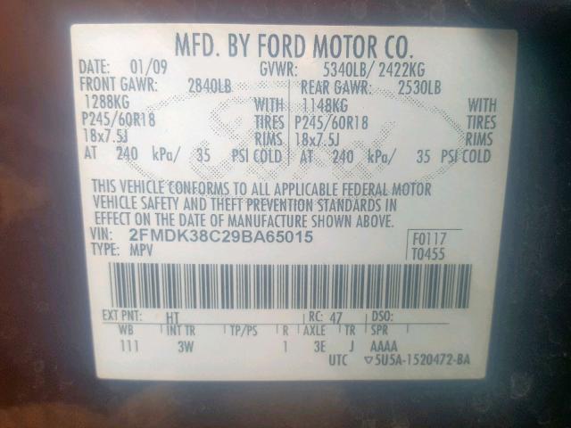 2FMDK38C29BA65015 - 2009 FORD EDGE SEL BURGUNDY photo 10