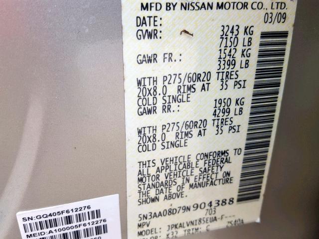 5N3AA08D79N904388 - 2009 INFINITI QX56 GOLD photo 10