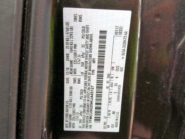 1FMCU9GD9KUA65127 - 2019 FORD ESCAPE SE GRAY photo 10