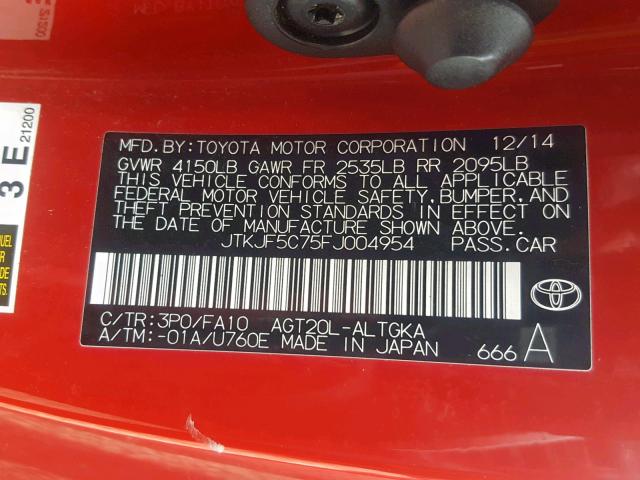 JTKJF5C75FJ004954 - 2015 TOYOTA SCION TC წითელი ფოტო 10