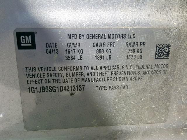 1G1JB6SG1D4213137 - 2013 CHEVROLET SONIC LS SILVER photo 10