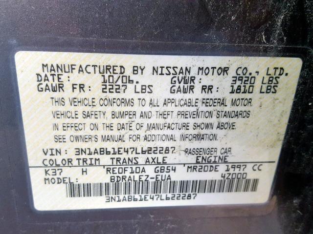 3N1AB61E47L622287 - 2007 NISSAN SENTRA 2.0 BROWN photo 10