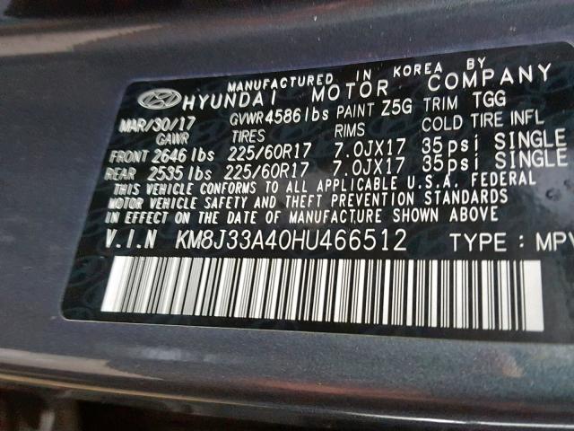 KM8J33A40HU466512 - 2017 HYUNDAI TUCSON LIM SILVER photo 10