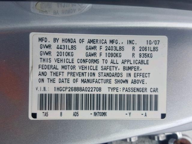 1HGCP26888A022708 - 2008 HONDA ACCORD EXL SILVER photo 10