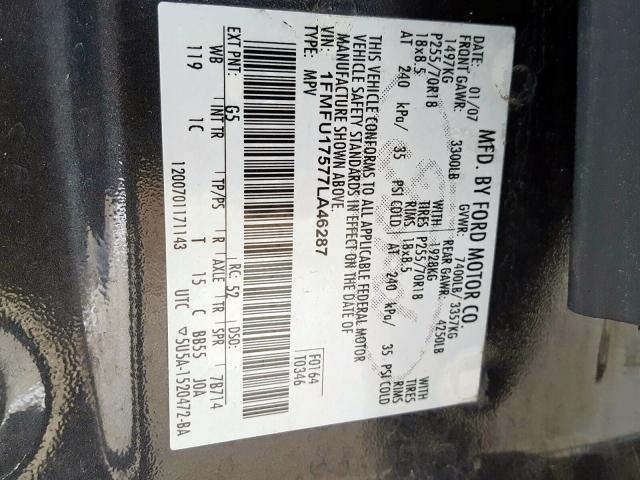 1FMFU17577LA46287 - 2007 FORD EXPEDITION EDDIE BAUER  photo 10