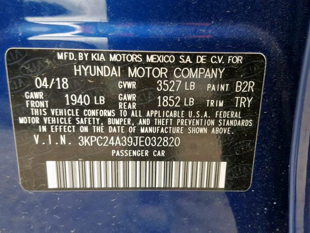 3KPC24A39JE032820 - 2018 HYUNDAI ACCENT SE BLUE photo 10