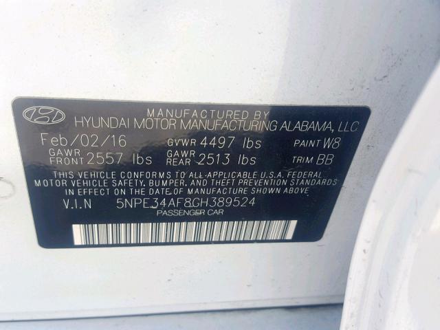 5NPE34AF8GH389524 - 2016 HYUNDAI SONATA SPO WHITE photo 10