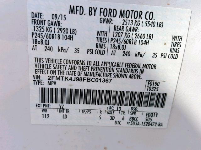 2FMTK4J98FBC01367 - 2015 FORD EDGE SEL WHITE photo 10