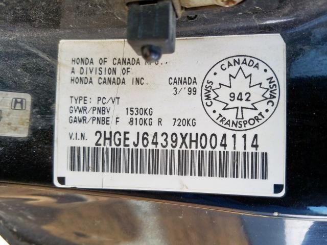 2HGEJ6439XH004114 - 1999 HONDA CIVIC DX  photo 10