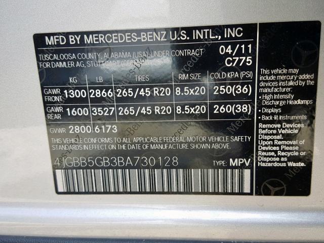 4JGBB5GB3BA730128 - 2011 MERCEDES-BENZ ML 350 SILVER photo 10