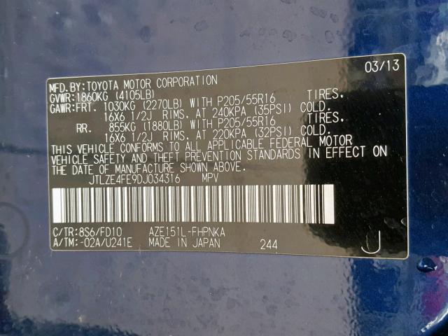 JTLZE4FE9DJ034316 - 2013 TOYOTA SCION XB 蓝色 照片 10