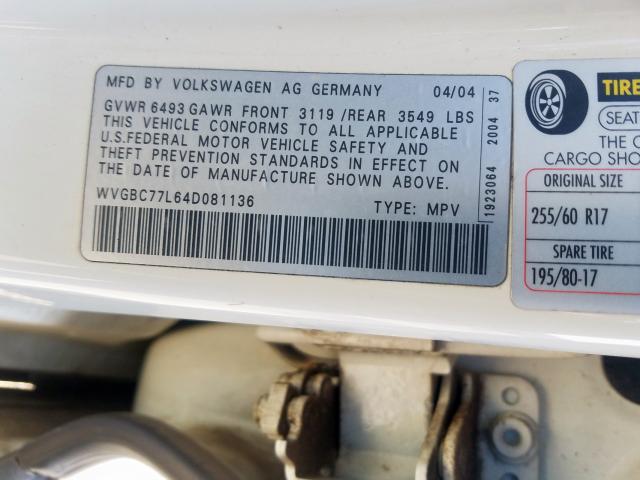 WVGBC77L64D081136 - 2004 VOLKSWAGEN TOUAREG 3.2  photo 10