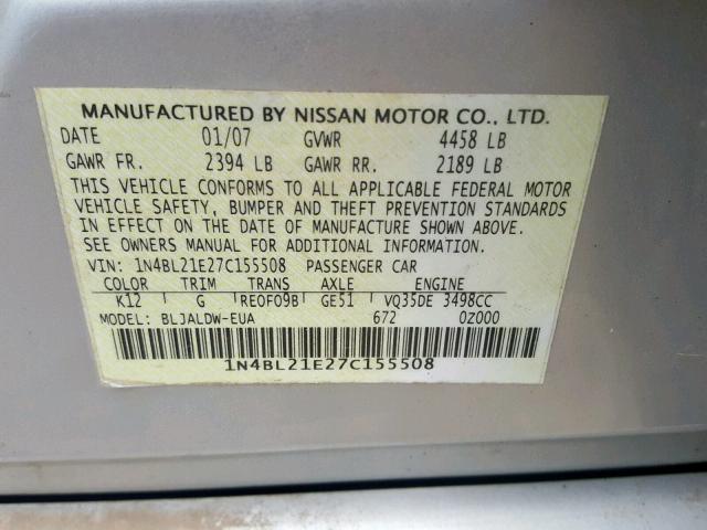 1N4BL21E27C155508 - 2007 NISSAN ALTIMA 3.5 SILVER photo 10