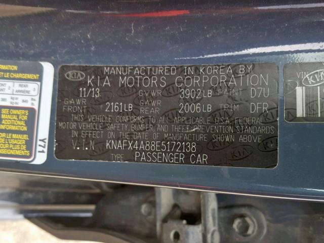 KNAFX4A88E5172138 - 2014 KIA FORTE EX BLUE photo 10