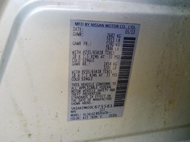 5N1AR2MN5DC675581 - 2013 NISSAN PATHFINDER S  photo 10