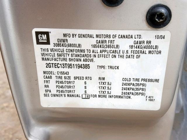 2GTEC13T951194385 - 2005 GMC NEW SIERRA SILVER photo 10