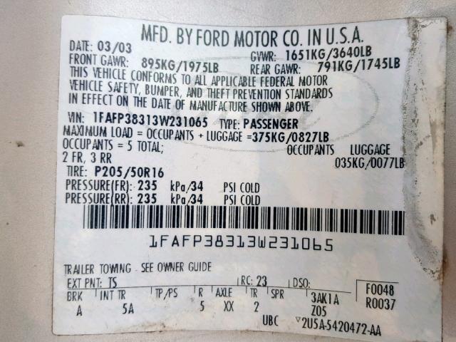 1FAFP38313W231065 - 2003 FORD FOCUS ZTS SILVER photo 10