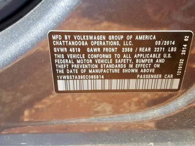 1VWBS7A39EC085914 - 2014 VOLKSWAGEN PASSAT SE GRAY photo 10