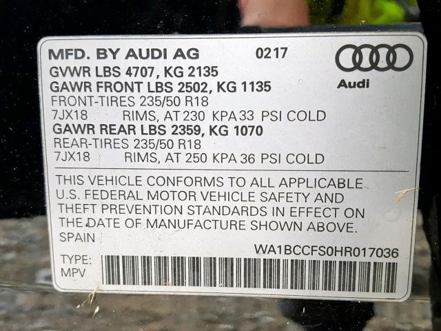 WA1BCCFS0HR017036 - 2017 AUDI Q3 PREMIUM BLACK photo 10