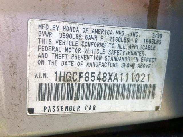 1HGCF8548XA111021 - 1999 HONDA ACCORD DX SILVER photo 10