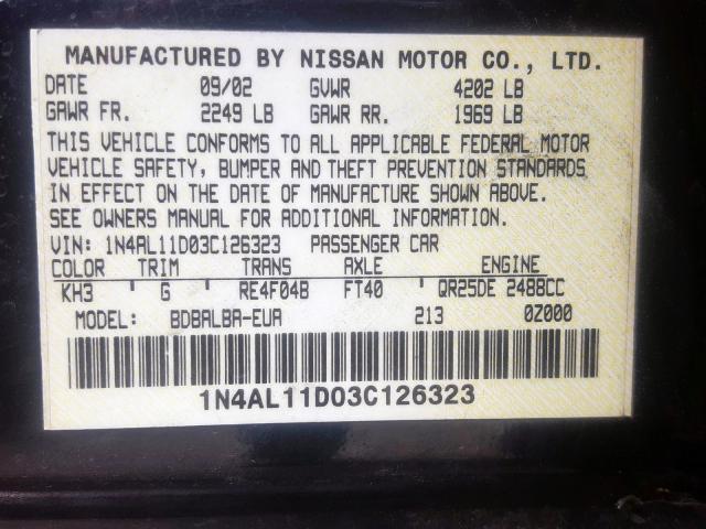 1N4AL11D03C126323 - 2003 NISSAN ALTIMA BASE  photo 10