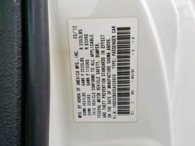 1HGCS2B83CA009605 - 2012 HONDA ACCORD EXL WHITE photo 10