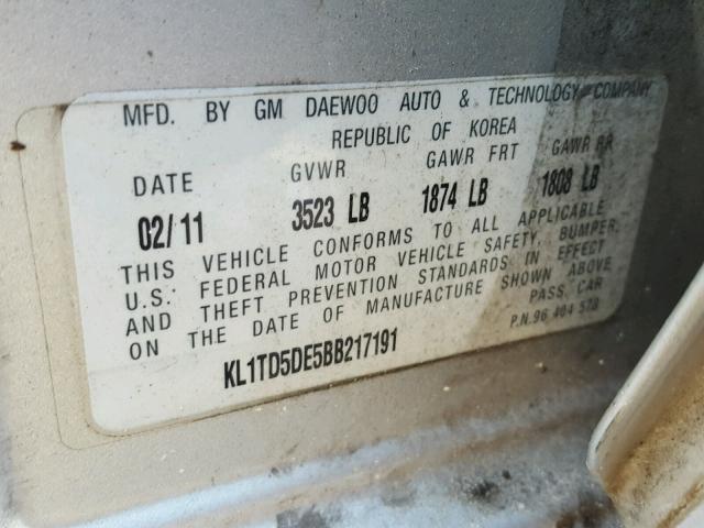 KL1TD5DE5BB217191 - 2011 CHEVROLET AVEO LS SILVER photo 10