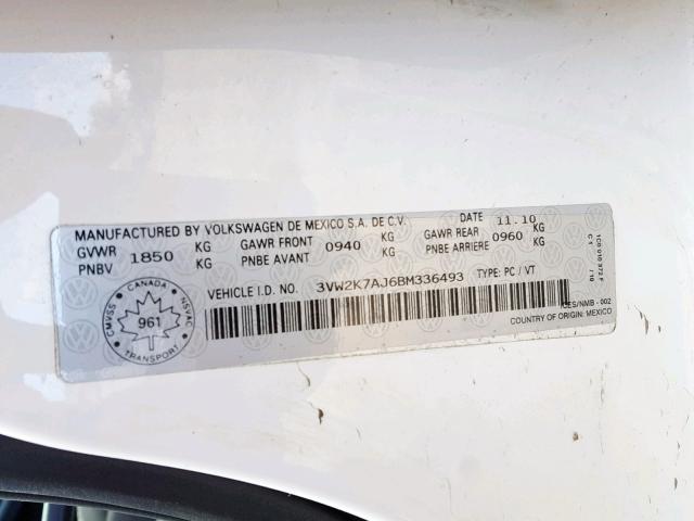 3VW2K7AJ6BM336493 - 2011 VOLKSWAGEN JETTA BASE WHITE photo 10