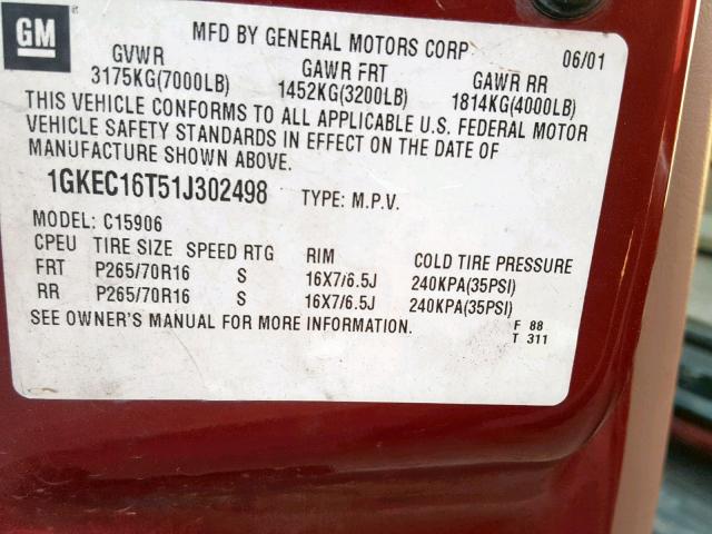 1GKEC16T51J302498 - 2001 GMC YUKON XL C RED photo 10