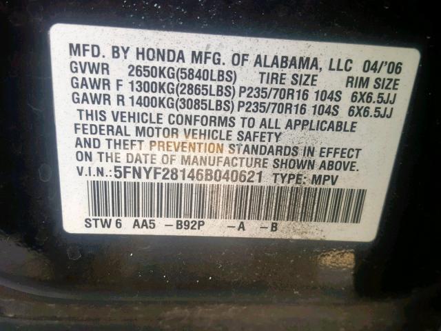 5FNYF28146B040621 - 2006 HONDA PILOT LX BLACK photo 10