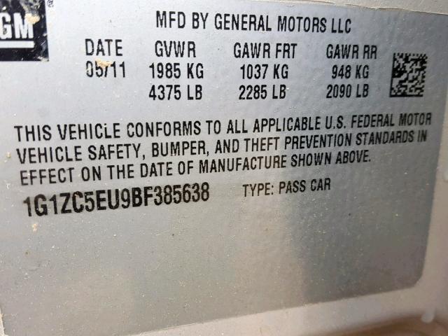 1G1ZC5EU9BF385638 - 2011 CHEVROLET MALIBU 1LT SILVER photo 10