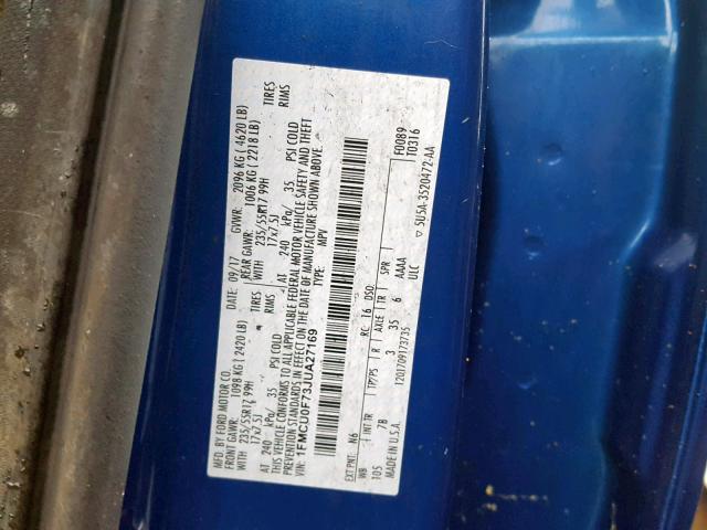 1FMCU0F73JUA27169 - 2018 FORD ESCAPE S BLUE photo 10