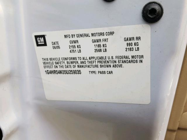 1G4HR54K05U259035 - 2005 BUICK LESABRE LI WHITE photo 10