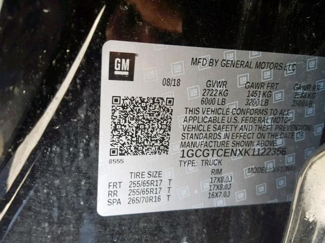 1GCGTCENXK1122356 - 2019 CHEVROLET COLORADO L BLACK photo 10