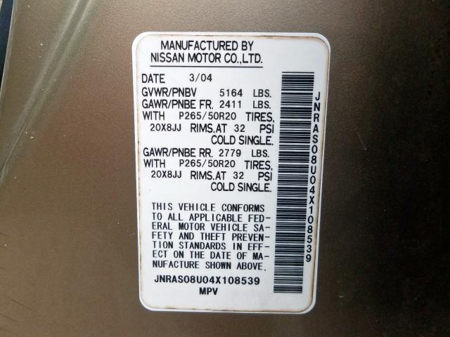 JNRAS08U04X108539 - 2004 INFINITI FX35  photo 10