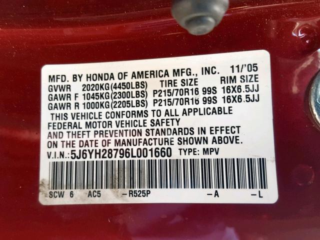 5J6YH28796L001660 - 2006 HONDA ELEMENT EX MAROON photo 10