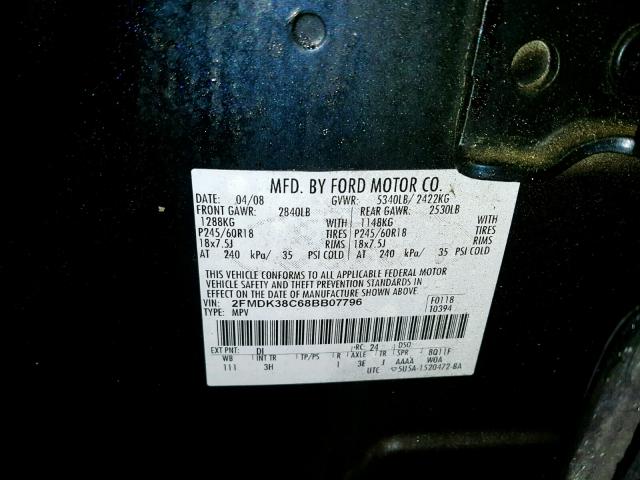 2FMDK38C68BB07796 - 2008 FORD EDGE SEL BLUE photo 10