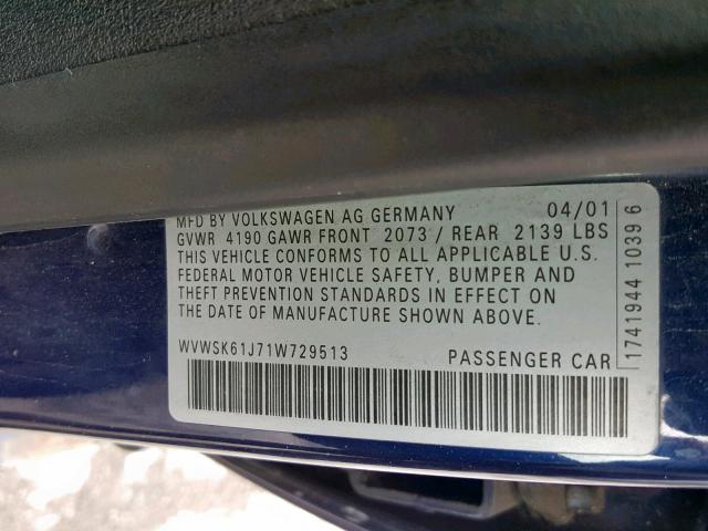 WVWSK61J71W729513 - 2001 VOLKSWAGEN JETTA GLS BLUE photo 10