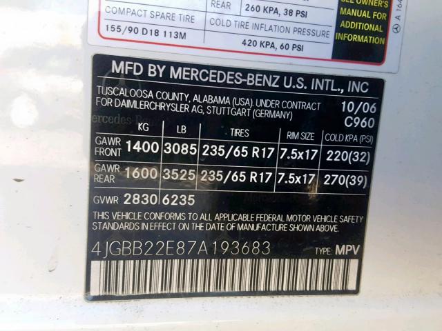 4JGBB22E87A193683 - 2007 MERCEDES-BENZ ML 320 CDI WHITE photo 10