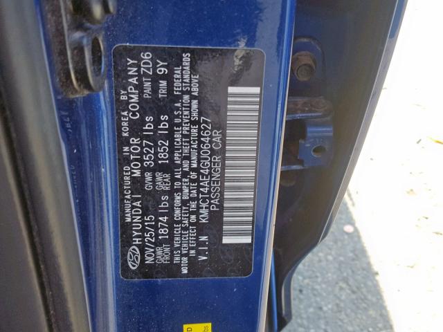 KMHCT4AE4GU064627 - 2016 HYUNDAI ACCENT SE BLUE photo 10