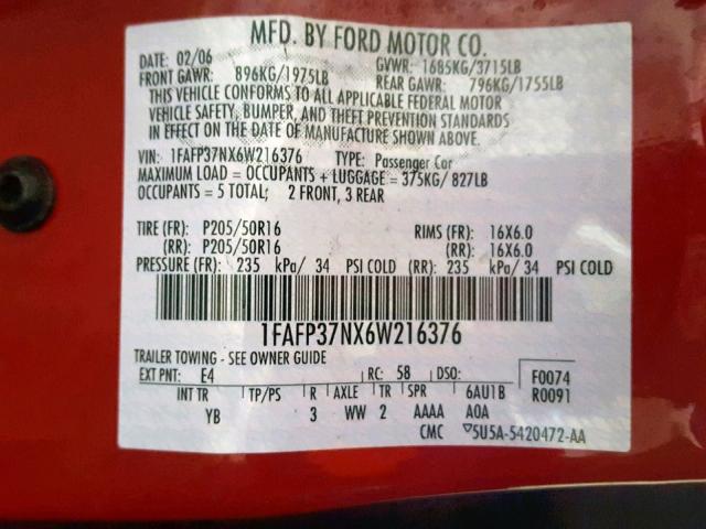 1FAFP37NX6W216376 - 2006 FORD FOCUS ZX5 RED photo 10