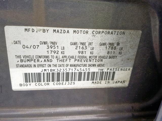 JM1BK323571745455 - 2007 MAZDA 3 S GRAY photo 10