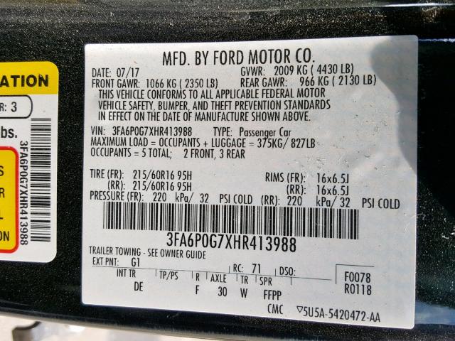 3FA6P0G7XHR413988 - 2017 FORD FUSION S BLACK photo 10