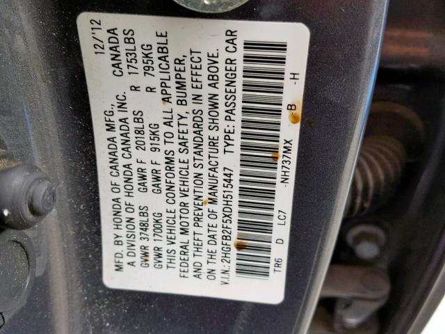 2HGFB2F5XDH515447 - 2013 HONDA CIVIC LX CHARCOAL photo 10