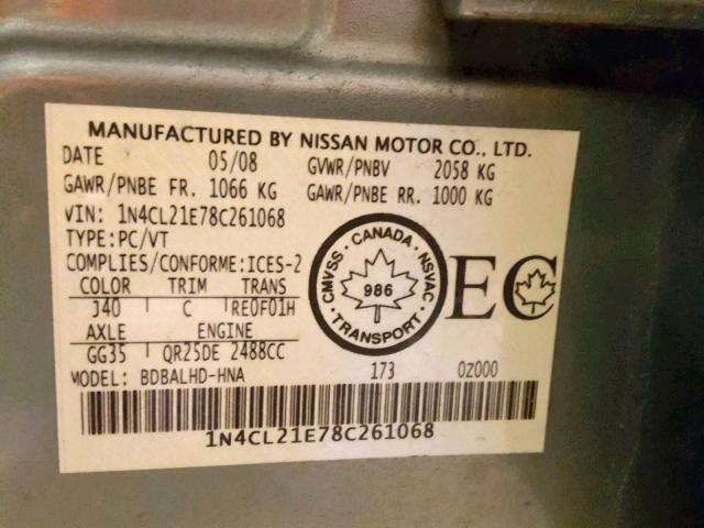 1N4CL21E78C261068 - 2008 NISSAN ALTIMA HYB GREEN photo 10