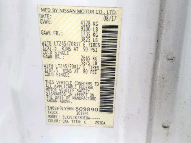 1N6BF0LY9HN809890 - 2017 NISSAN NV 2500 S WHITE photo 10