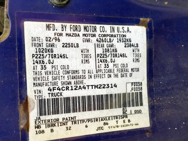 4F4CR12A4TTM22314 - 1996 MAZDA B2300 PURPLE photo 10