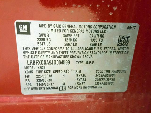 LRBFXCSA9JD004599 - 2018 BUICK ENVISION P RED photo 10